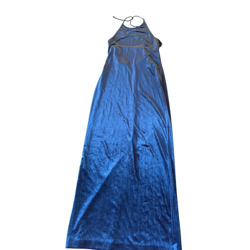 Rhapsody Ltd Vintage Y2K‎ 90s Blue Velvet Halter Maxi Dress Prom HOCO Wedding Sm